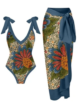 Naine Lace Up Flora Prindi Bikiinid Komplekti Ujumistrikoo & Seelik Naiste Sexy Backless Asümmeetriline Ühes Tükis Ujumisriided Beach Ujumispüksid