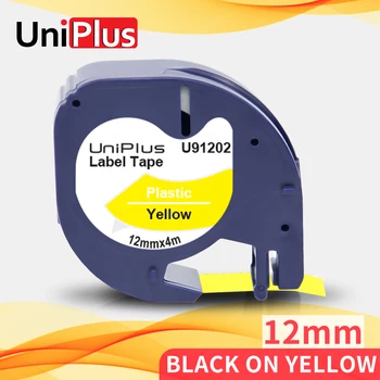 UniPlus 91202 Must Kollane Lint Ühilduv Dymo Label Lindi 91332 91222 12mm Plastikust Letratag LT Label Printer LT-110T XM