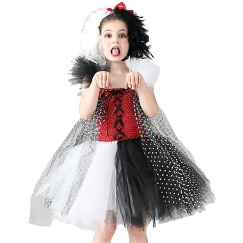 Valge Must Nõid Halloween Kostüümid Tüdrukute Lapsed Cosplay Koer Kleidid Tülli Komplekt Koos Peapael Kurja Kuninganna Kleit Üles hästi tihe võrgu sarnane kangas