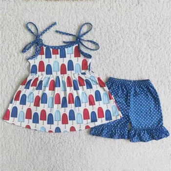 trendikas laste riideid varrukateta rihm peal ja sinine polka dots lühikesed püksid, 4. juuli suve beebi tüdruku riided laste riided