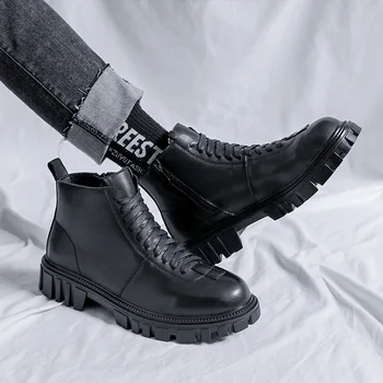 meeste casual ehtne nahk saapad musta brändi disainer kingad pool kõnniteed kleit platvorm ankle boot noorte jalatsid lühike botas mees