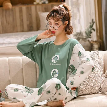 Foply Multikas Loomade 100% Täis Puuvillane Pidžaama Komplekt Naistele, Pidžaamad Sleepwear Pijama Mujer Kodus Kandma Pluss Suurus Pikad Püksid Nightsuit